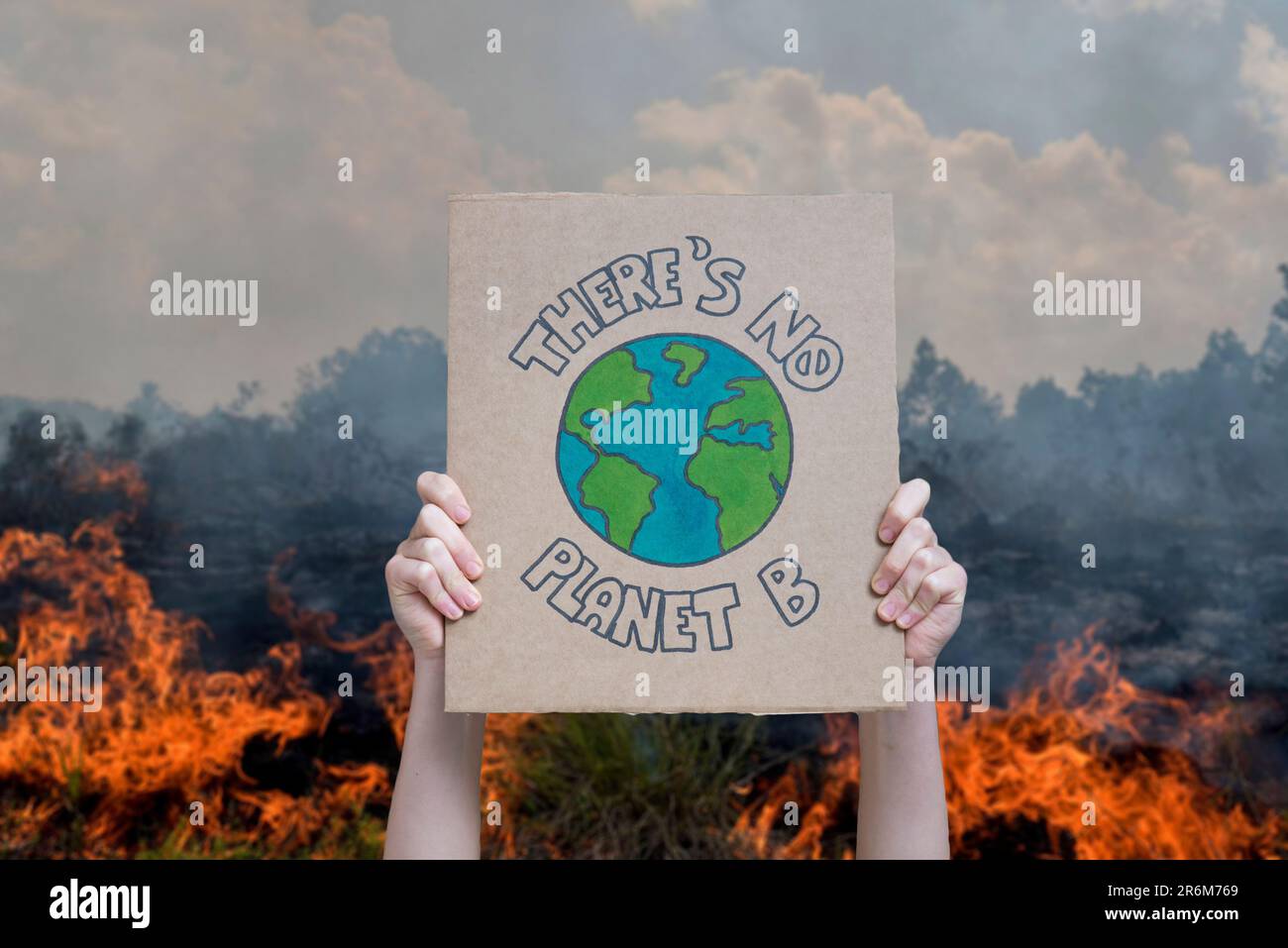 Poster zum Klimawandel vor dem Hintergrund der Waldbrände: Es gibt keinen Planeten B. Entwaldung und Vernichtungskonzepte Stockfoto