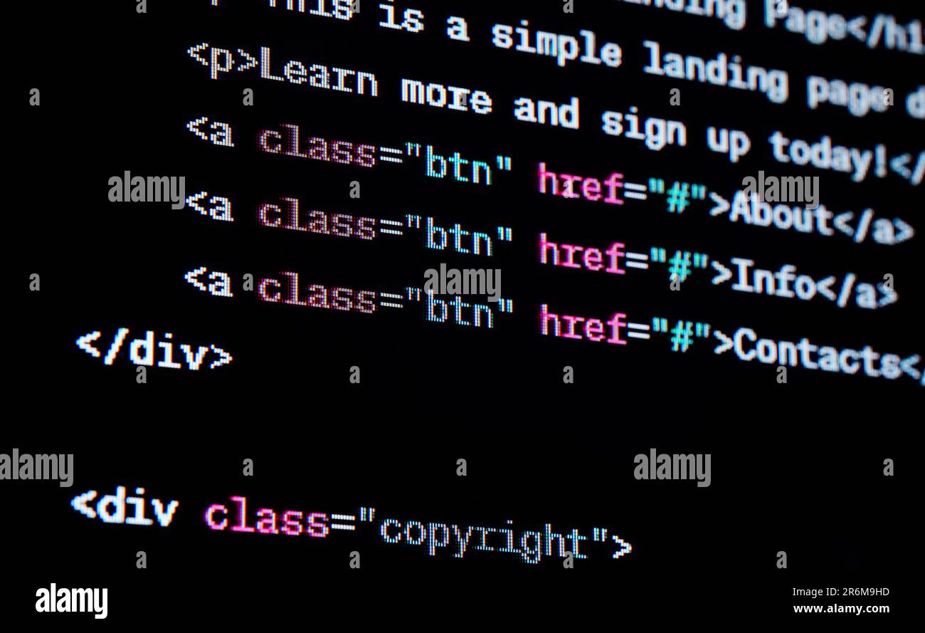 Quellcode der HTML-Website auf dem Bildschirm. Stockfoto