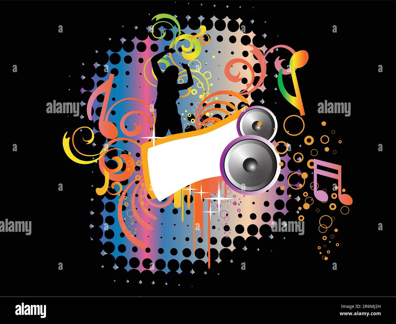 vector EPS10-Darstellung einer tanzenden weiblichen Silhouette mit farbenfrohem Partyhintergrund Stock Vektor