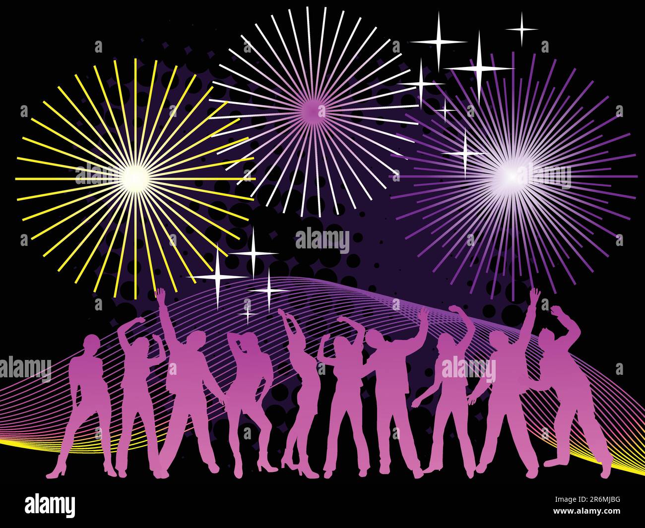 vector EPS10-Darstellung der Silhouetten von Menschen, die unter einem Feuerwerk tanzen Stock Vektor