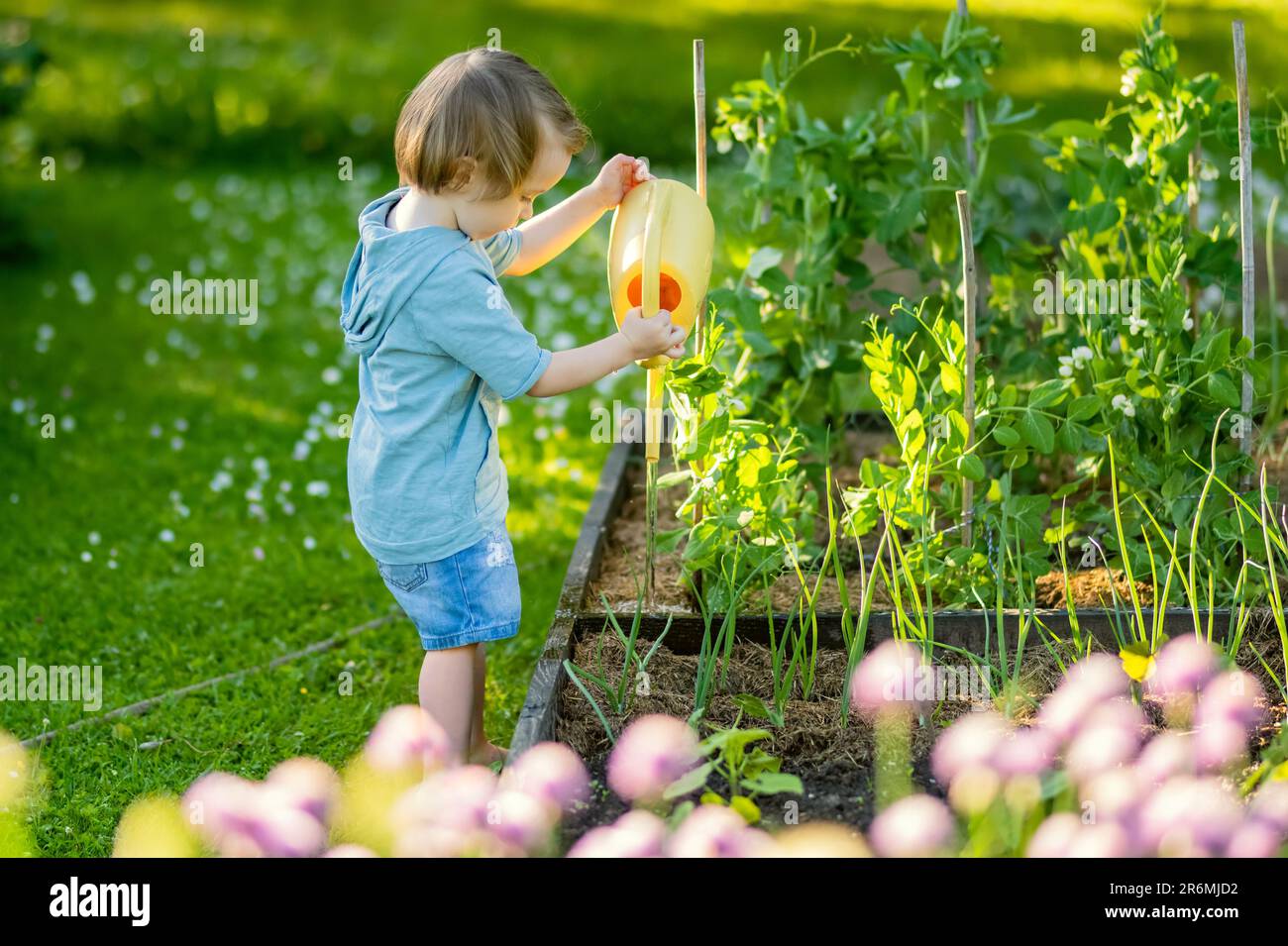 Süßes blondes kleines Kleinkind, das im Garten im Gießtopf Pflanzen