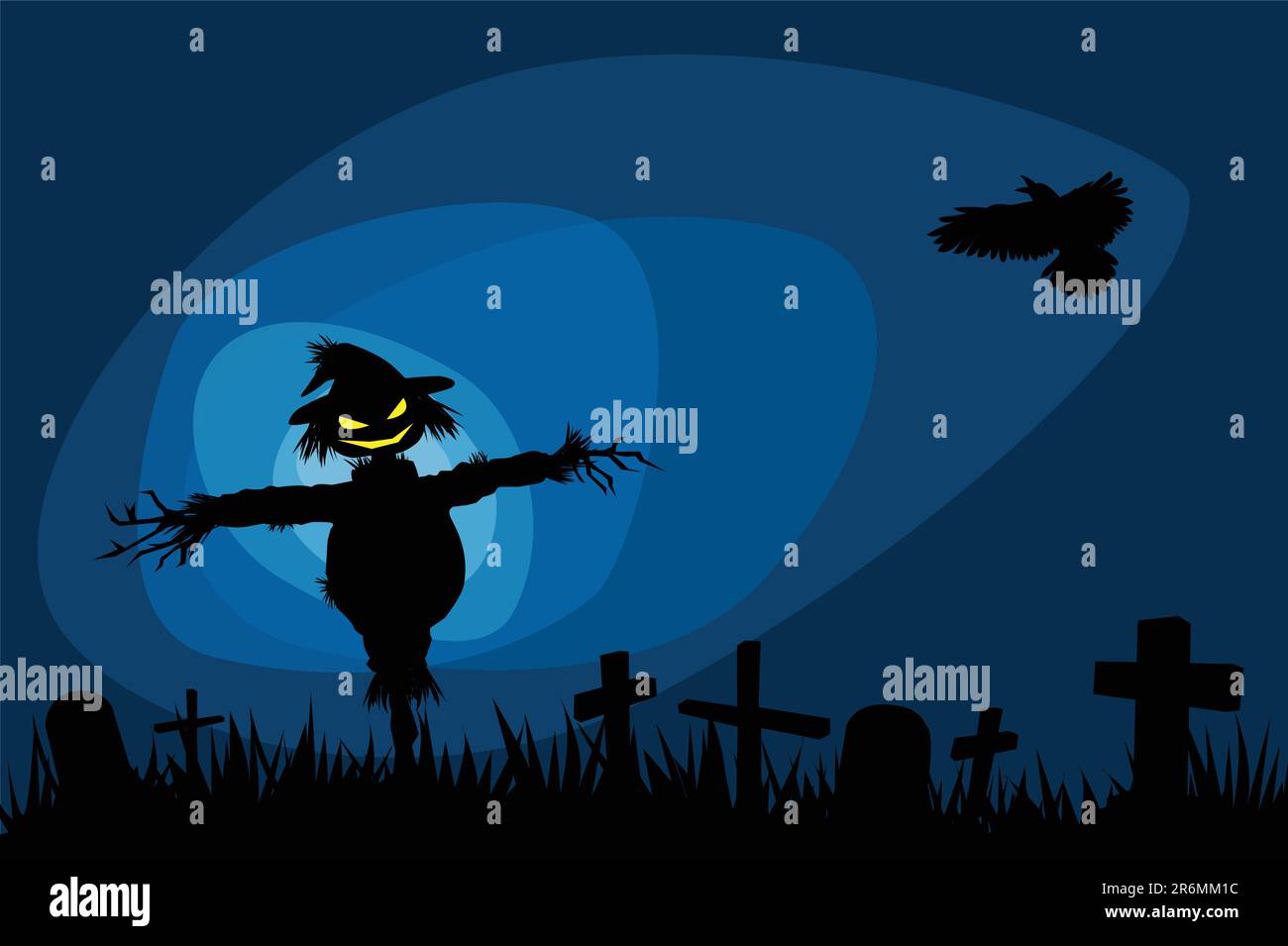 Halloween-Nacht-Illustrationen mit gruselige Vogelscheuche im Friedhof. Stock Vektor
