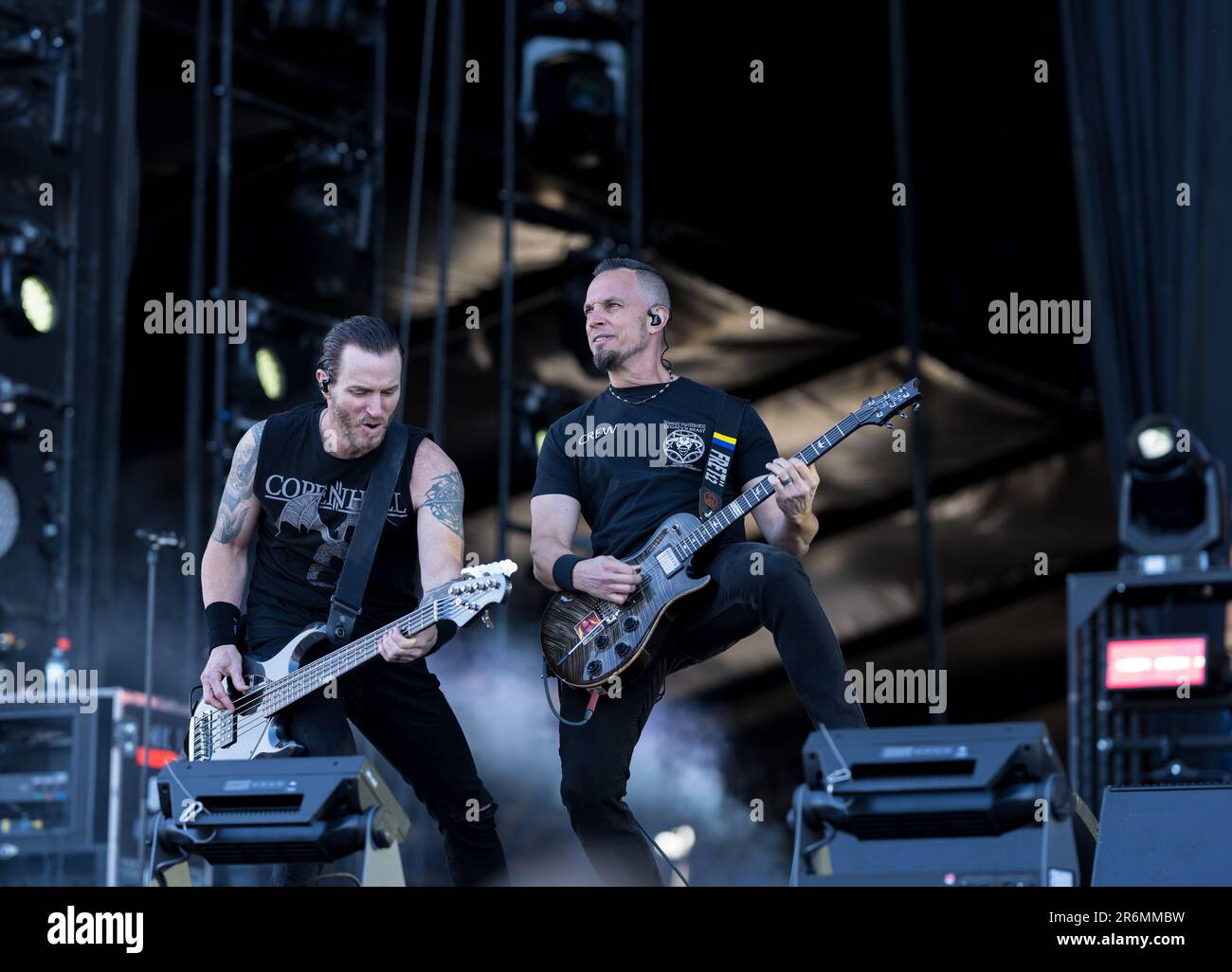 Solvesborg, Schweden, 10. Juni, 2023. Tag 4 Alter Bridge (USA) tritt beim Sweden Rock Festival auf. Brian Marshall C Bass Mark Tremonti C Lead und Rhythm Gitarre, Backback und Lead Vocals Credit: PEO Mšller/Alamy Live News Stockfoto