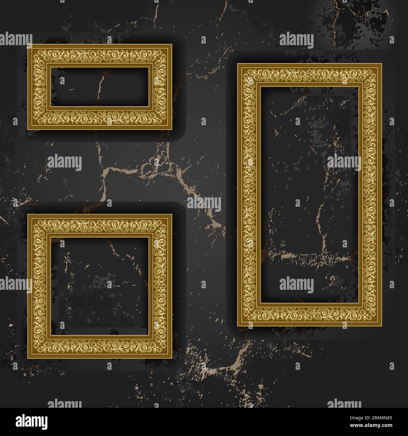 Gold drei Frames auf der schwarzen Wand Stock Vektor
