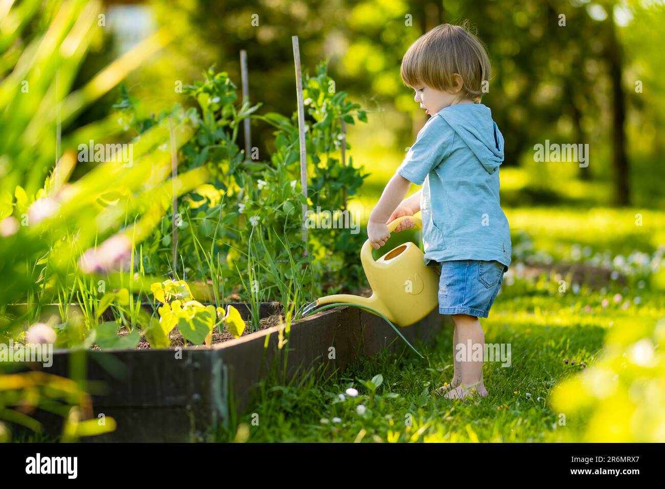 Süßes blondes kleines Kleinkind, das im Garten im Gießtopf Pflanzen