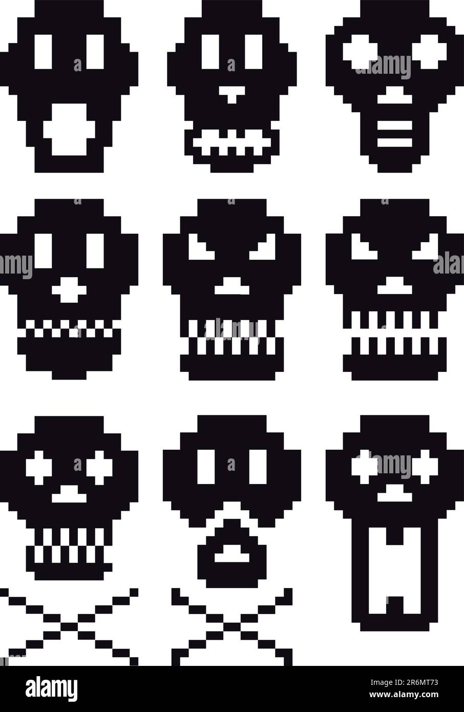Pixelschädel-Symbolsatz, Vektor Stock Vektor