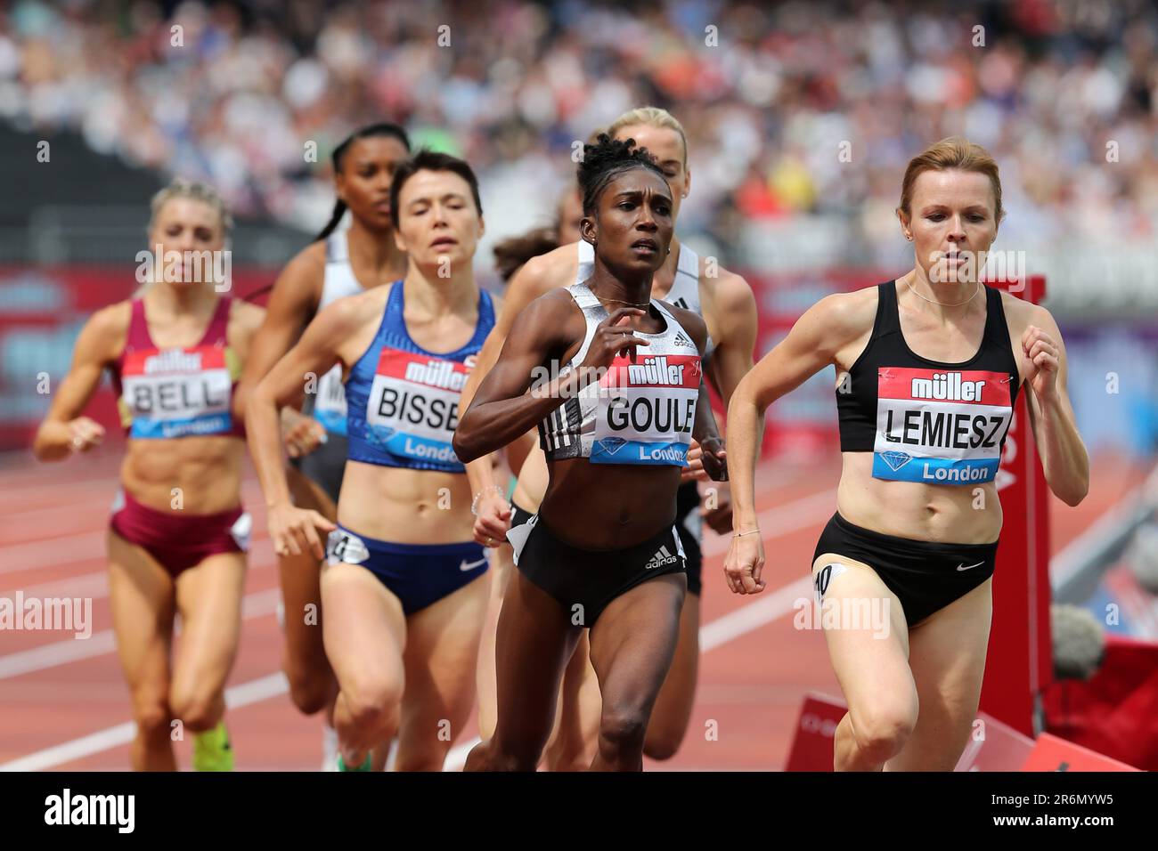 Catriona BISSET (Australien), Natoya GOULE (Jamaika), Aneta LEMIESZ (Polen), die beim 800m. Finale der Frauen im Jahr 2019 teilnehmen, IAAF Diamond League, Jubiläumsspiele, Queen Elizabeth Olympic Park, Stratford, London, Großbritannien. Stockfoto