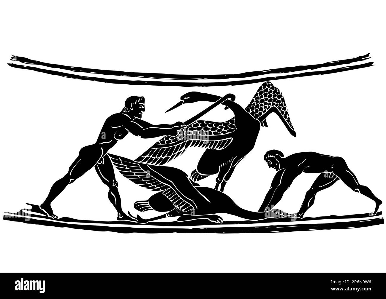 Vogeljäger - Szene der Jagd - Gemälde auf der Amphora aus dem alten Griechenland - antike Kunst Stock Vektor