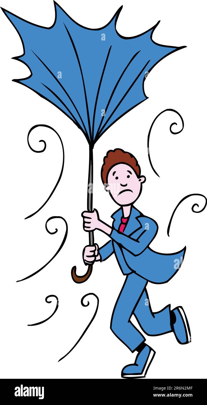 Der Mann hat schlechtes Wetter mit kaputtem Regenschirm. Stock Vektor
