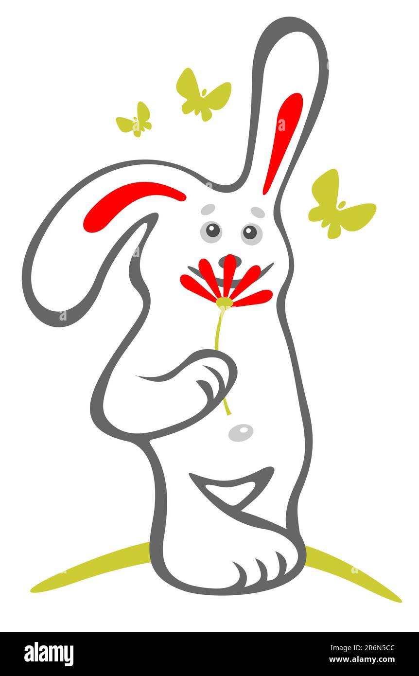 Stilisiertes Häschen mit Blume auf weißem Hintergrund. Romantische Illustration. Stock Vektor