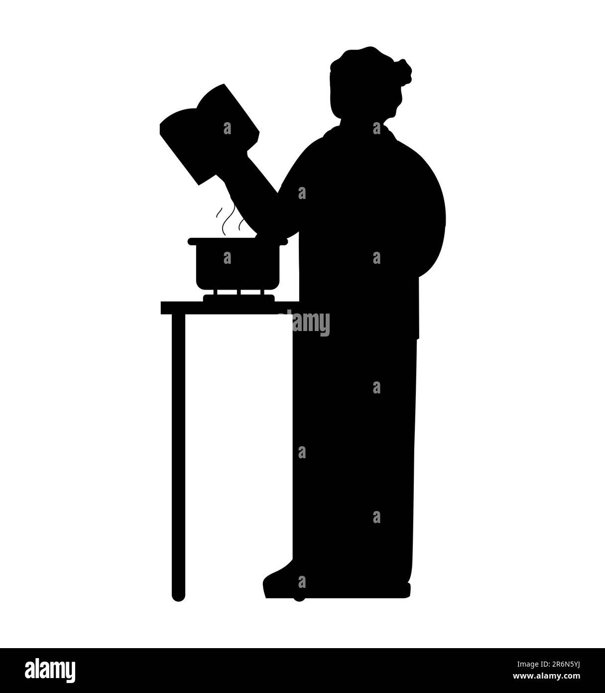 Schwarze Silhouette einer Frau, die versucht zu kochen, während sie im Rezeptbuch nachsieht, Amateurkochen, Frau, die ein Gericht macht, Vektordarstellung Stock Vektor