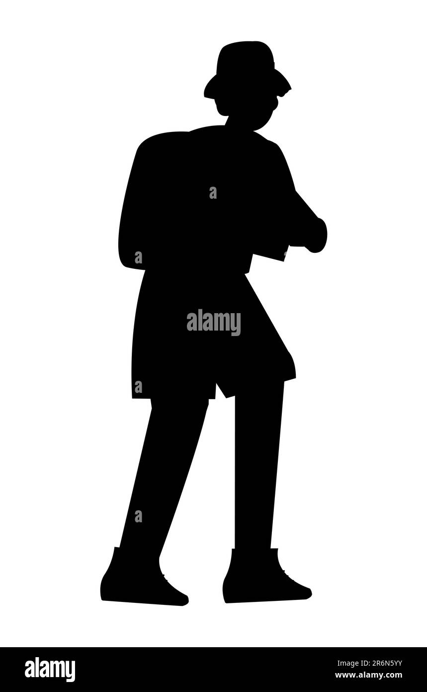Schwarze Silhouette eines jungen Mannes, der alleine in Urlaub geht, mit Rucksack, Vektorbild Stock Vektor