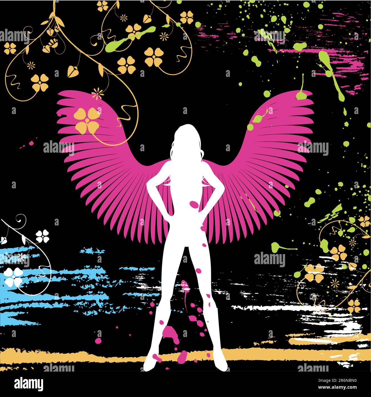 Vektordarstellung der Engelssilhouette auf Grunge, Blumenhintergrund Stock Vektor