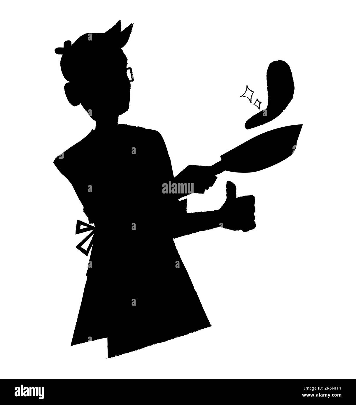 Schwarze Silhouette eines professionellen Küchenchefs, der beim Kochen des Steaks in der Pfanne Daumen nach oben zeigt, Koch-Logo und Symbol, Vektordarstellung Stock Vektor