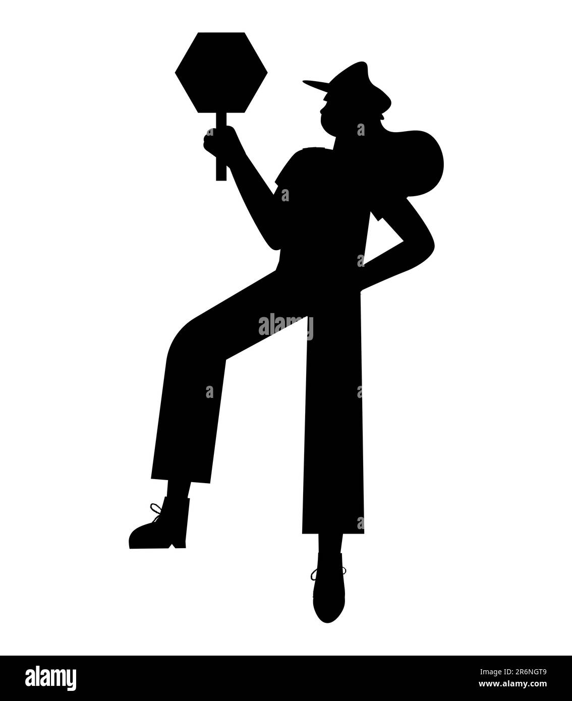 Schwarze Silhouette einer weiblichen Verkehrsaufseherin mit einem Stoppschild in den Händen, ein weibliches Verkehrsaufseher-Joblogo und -Symbol, Vektordarstellung Stock Vektor