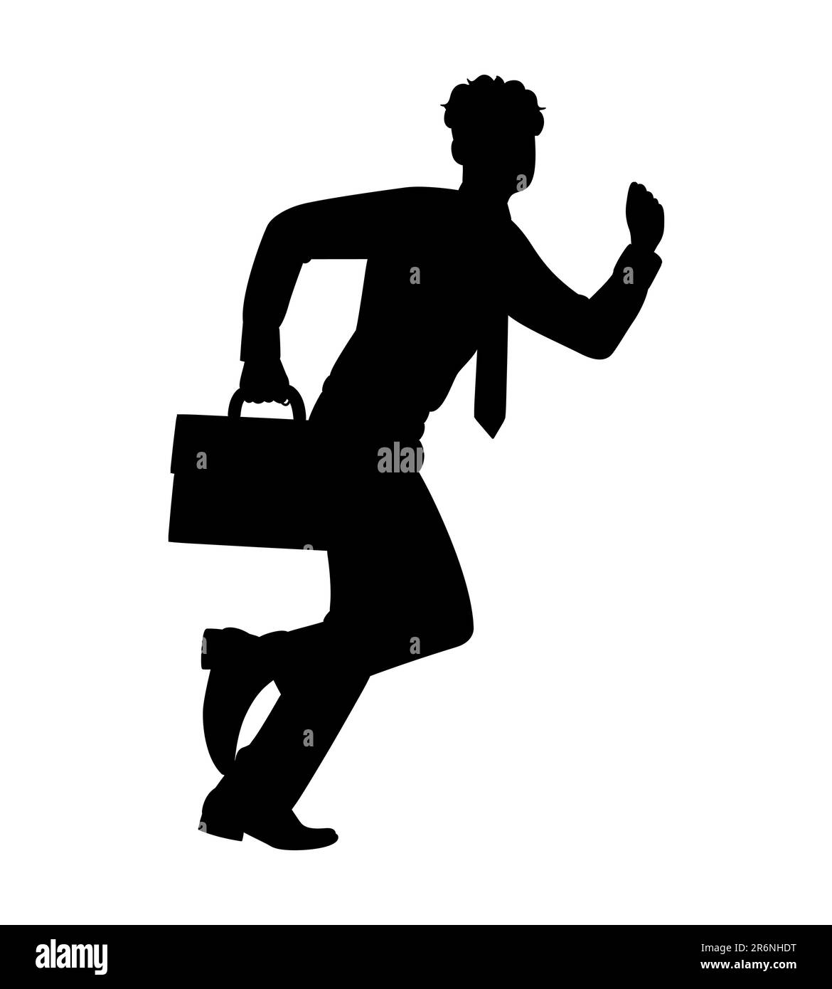 Schwarze Silhouette eines männlichen Mitarbeiters, der schnell zum Büro rennt, während er einen Aktenkoffer bei sich trägt, ein Geschäftsmann, der es eilig hat und sich verspätet, Vektorillu Stock Vektor