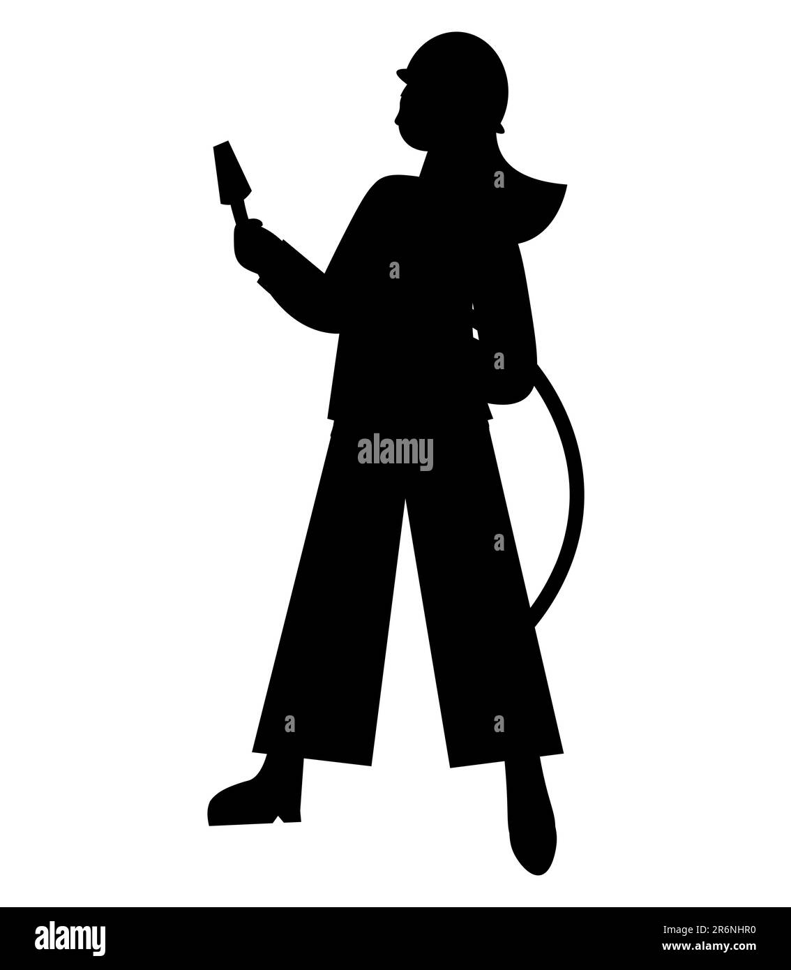 Schwarze Silhouette einer Feuerwehrfrau, die ein Wasserrohr in der Hand hält, Vektorbild Stock Vektor