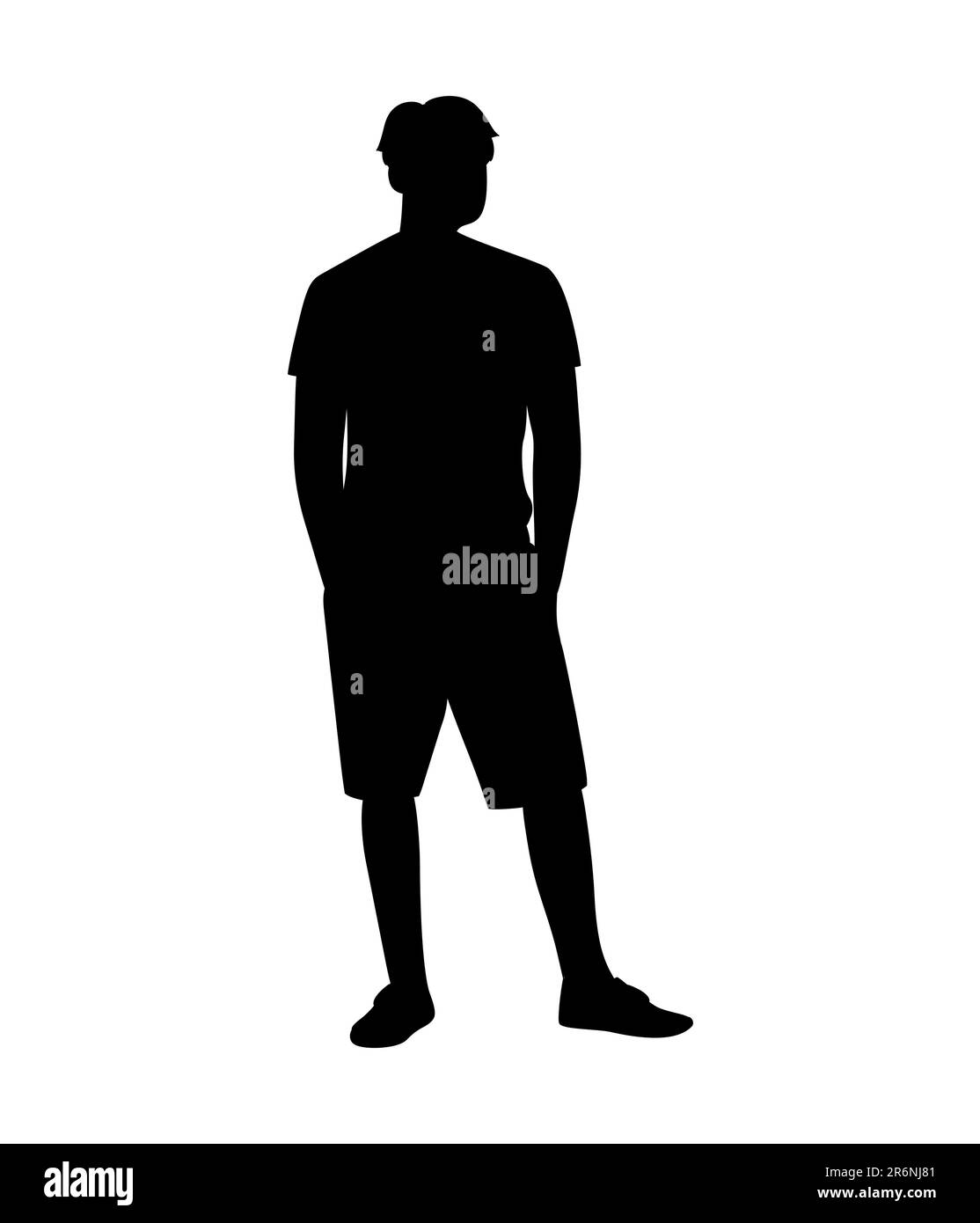 Schwarze Silhouette eines Mannes, der T-Shirt und Shorts trägt, steht, Freizeitkleidung, Vektordarstellung Stock Vektor