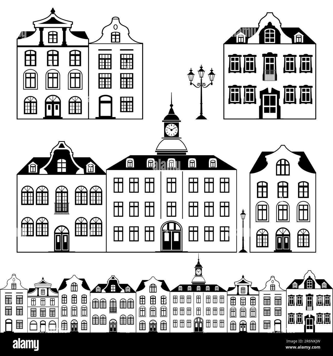 Alte Häuser, schwarzweißes Design, isoliert auf weißem Hintergrund. Stock Vektor