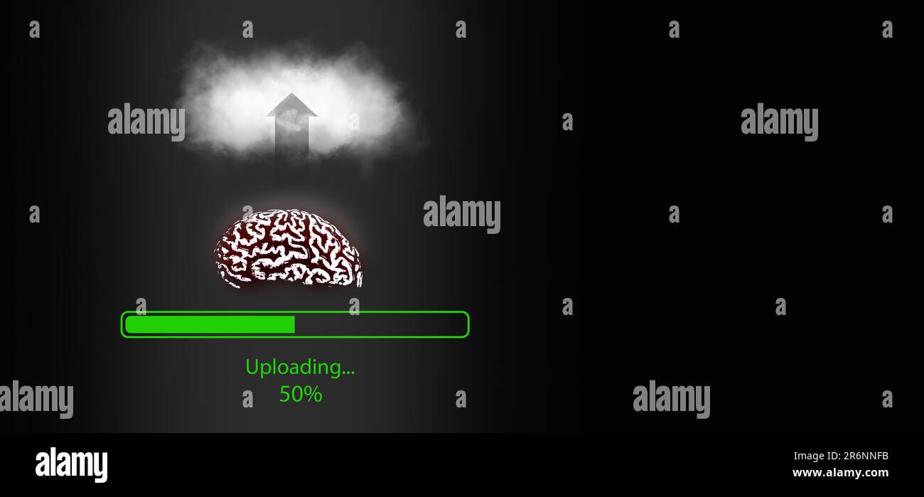 Gedanken-Upload, Gehirn-Upload-Konzept. Daten und Informationen werden in das Cloud-System hochgeladen, wobei ein Fortschrittsbalken und ein Prozentsatz angezeigt werden Stockfoto