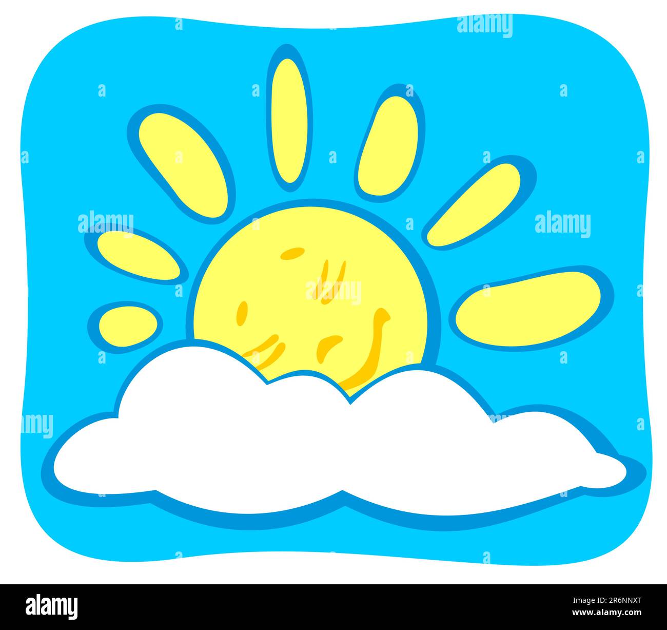 Fröhliche, schlafende Cartoon-Sonne auf blauem Hintergrund. Stock Vektor