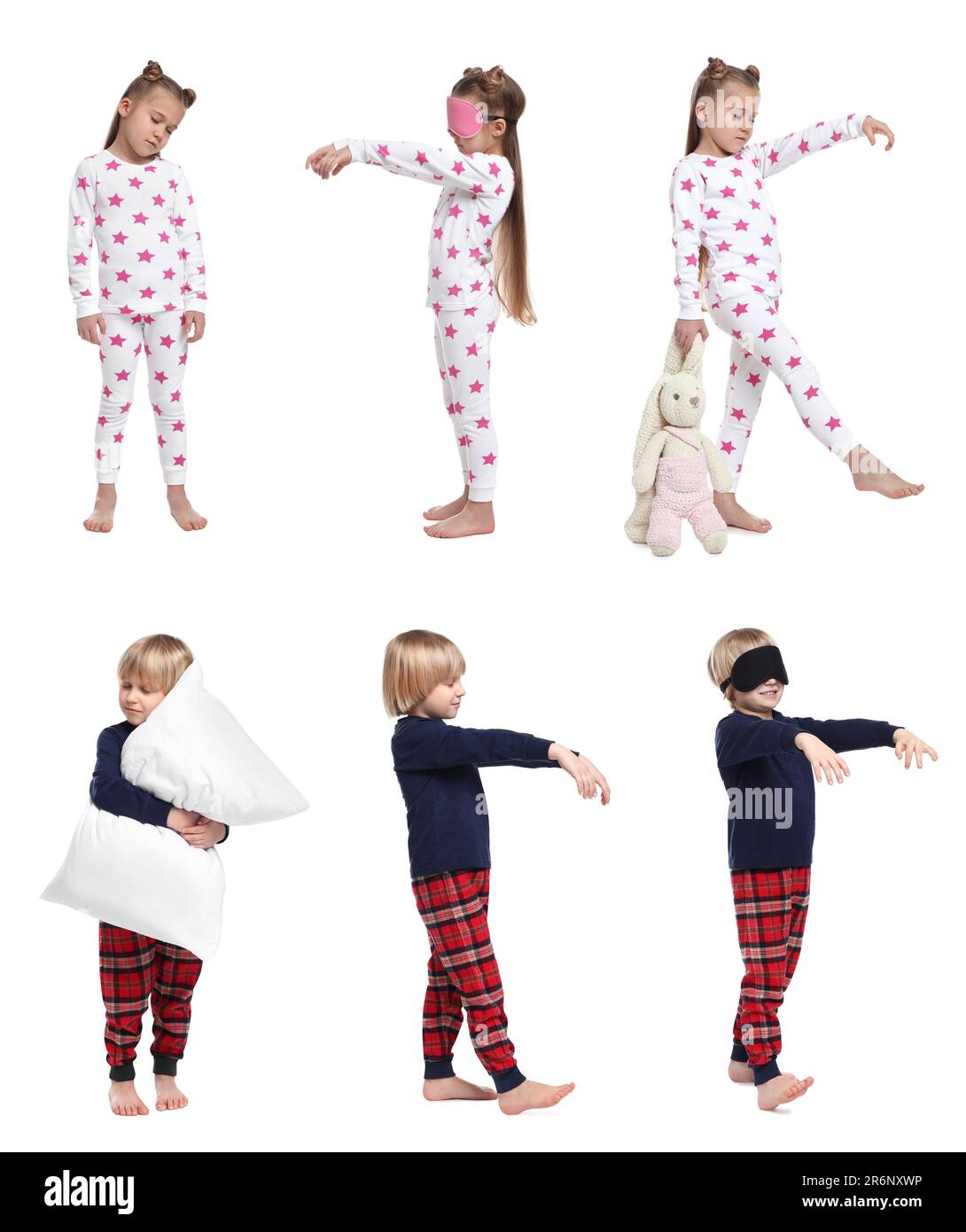 Collage mit Fotos von schlafwandelnden Kindern auf weißem Hintergrund Stockfoto