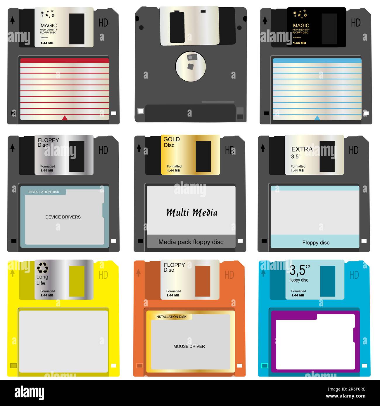 Realistische Vektordarstellung von neun verschiedenen Disketten. Stock Vektor