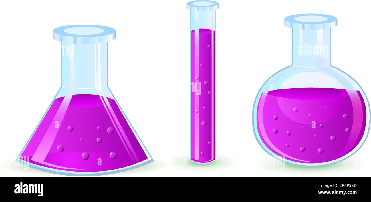 Glaskolben mit violetter Substanz, isoliert auf weißem Hintergrund Stock Vektor