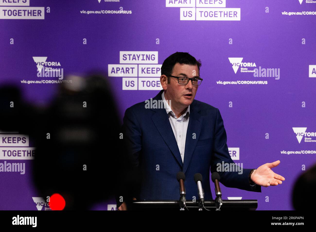 MELBOURNE, AUSTRALIEN - SEPTEMBER 26: Premier Daniel Andrews spricht auf einer Pressekonferenz im Treasury Theatre am 26. September 2020 in Melbourne, Australien. Victoria's Gesundheitsminister Jenny Mikakos ist am Samstag nach der Hotel Quarantäne Untersuchung zurückgetreten. Premier Daniel Andrews hat am letzten Tag der Untersuchung am Freitag bewiesen, dass er Jenny Mikakos für das Programm verantwortlich halte, das letztendlich zu Victorias zweiter COVID-19-Welle führte. Stockfoto