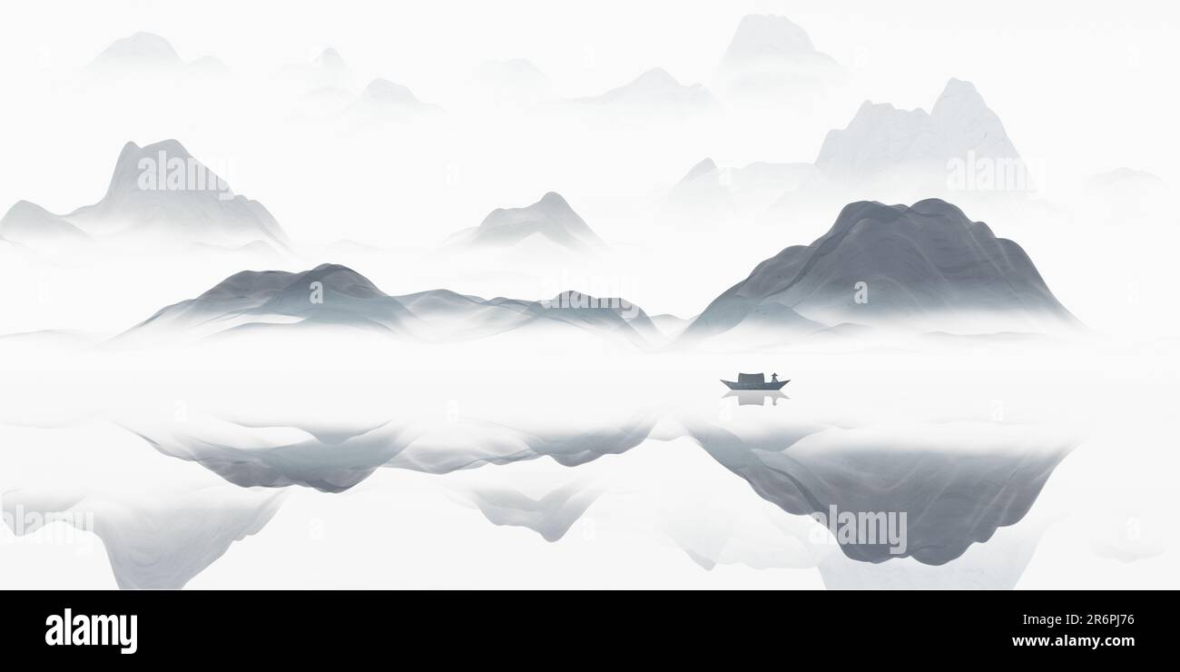 Chinesische Tinte, die Berge malt. Digitale Zeichnung. Stockfoto