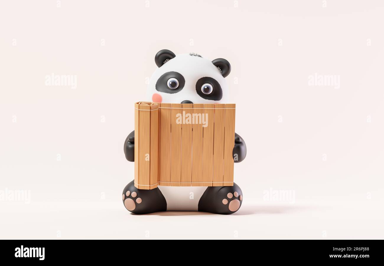 Panda und Retro-chinesischer Bambusschlüpfer, 3D-Rendering. Digitale Zeichnung. Stockfoto