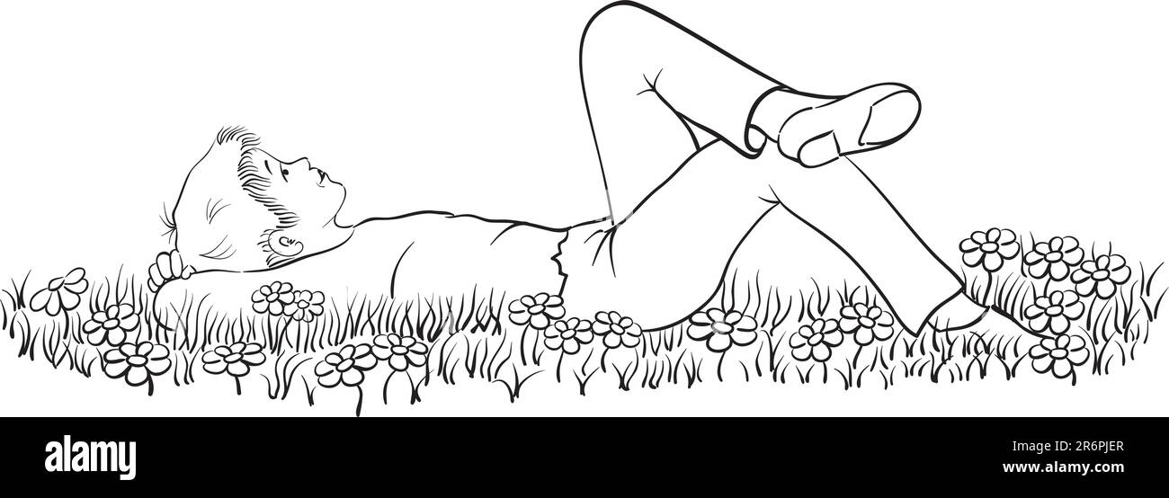 Ein Junge, der die Sonne und den Himmel anbetet Stock Vektor