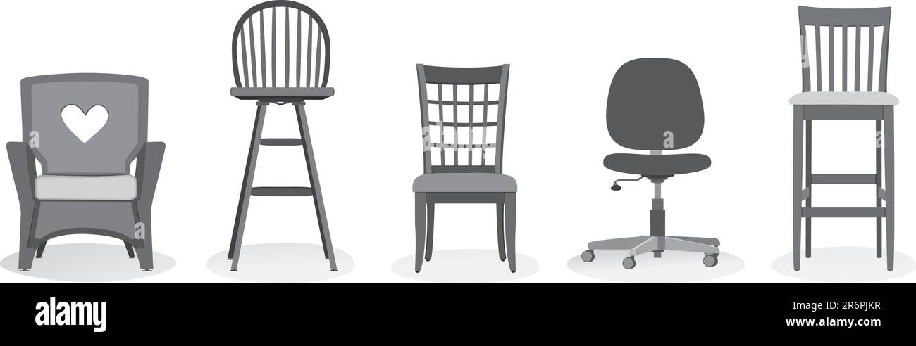 Vektorgrafik Illustrator 8. Eine Auswahl an Stühlen in Monoton. Die Verwendung globaler Farben ist so einfach zu bearbeiten. Stock Vektor