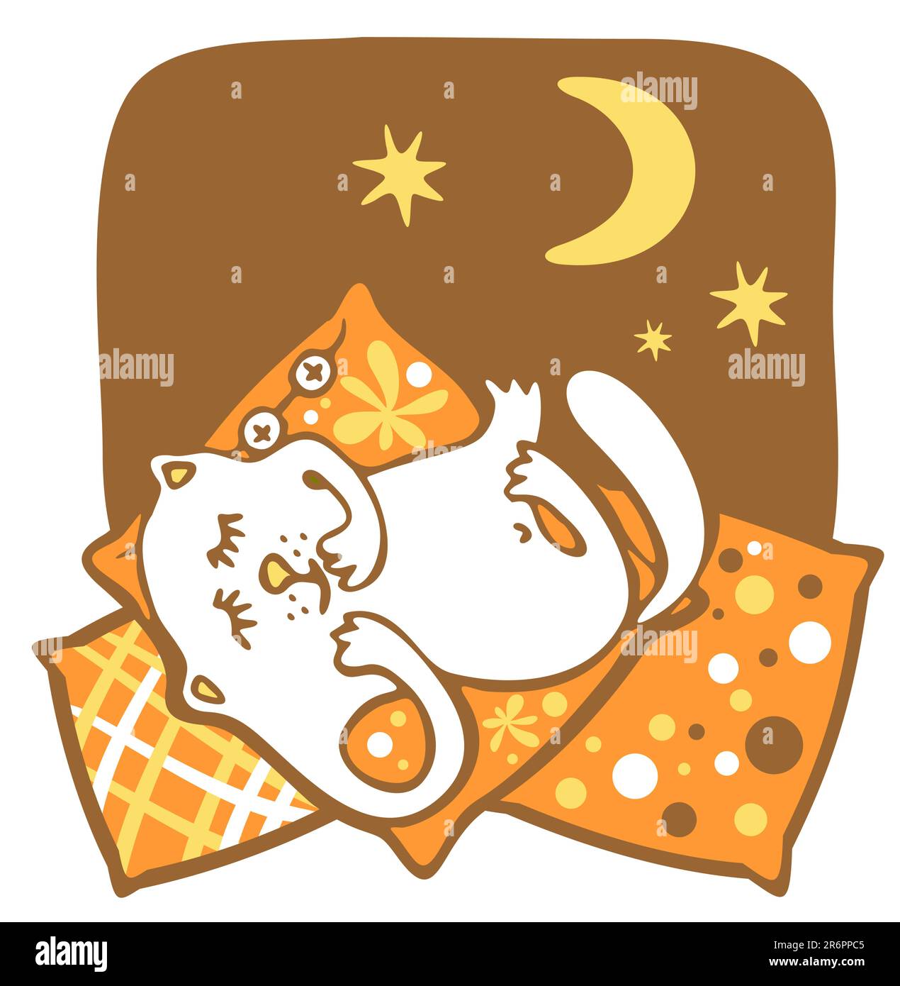 Die amüsante weiße Katze schläft auf Kissen vor dem Nachthimmel. Stock Vektor