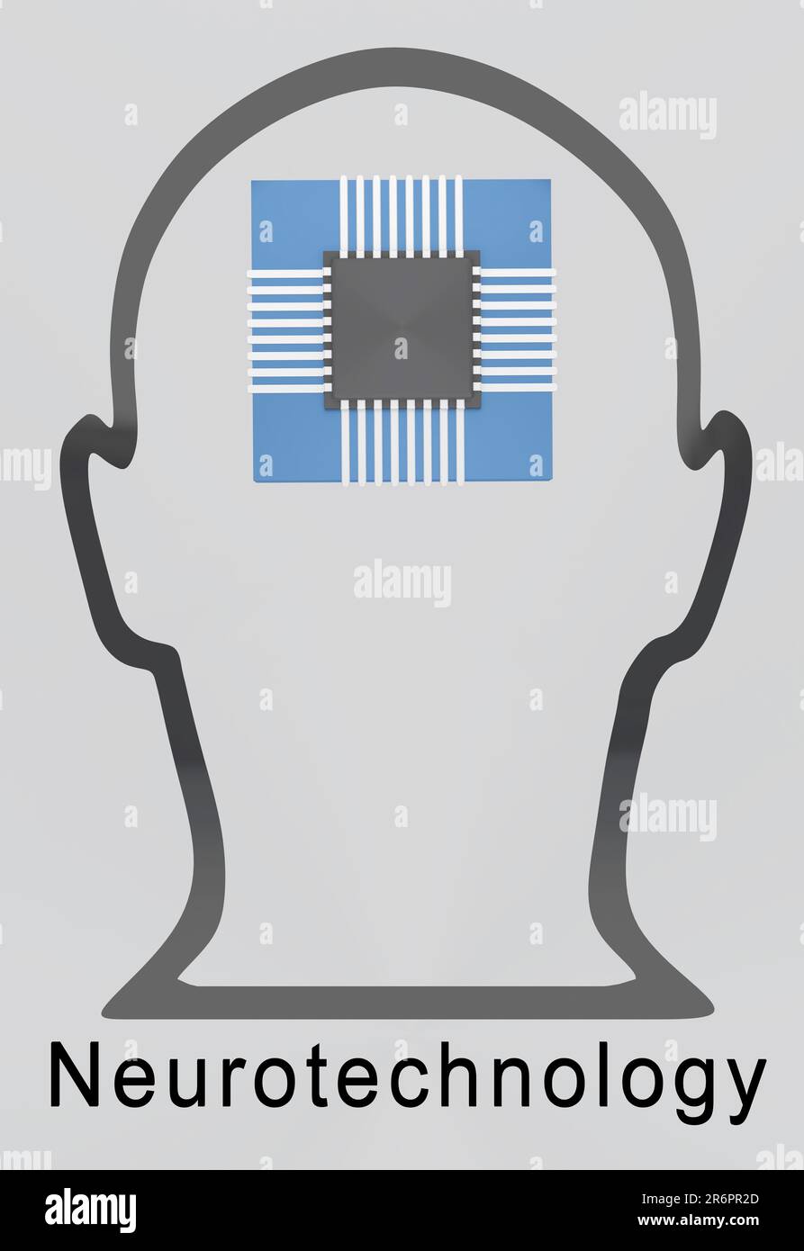 3D Abbildung eines symbolischen Kopfes mit einem Mikrochip mit dem Titel Neurotechnologie. Stockfoto