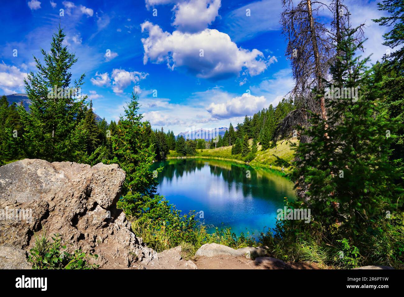 Malerischer Blick auf einen der Seen in der Valley of Five Lakes Region bei Jasper in den Kanadischen Rockies Stockfoto