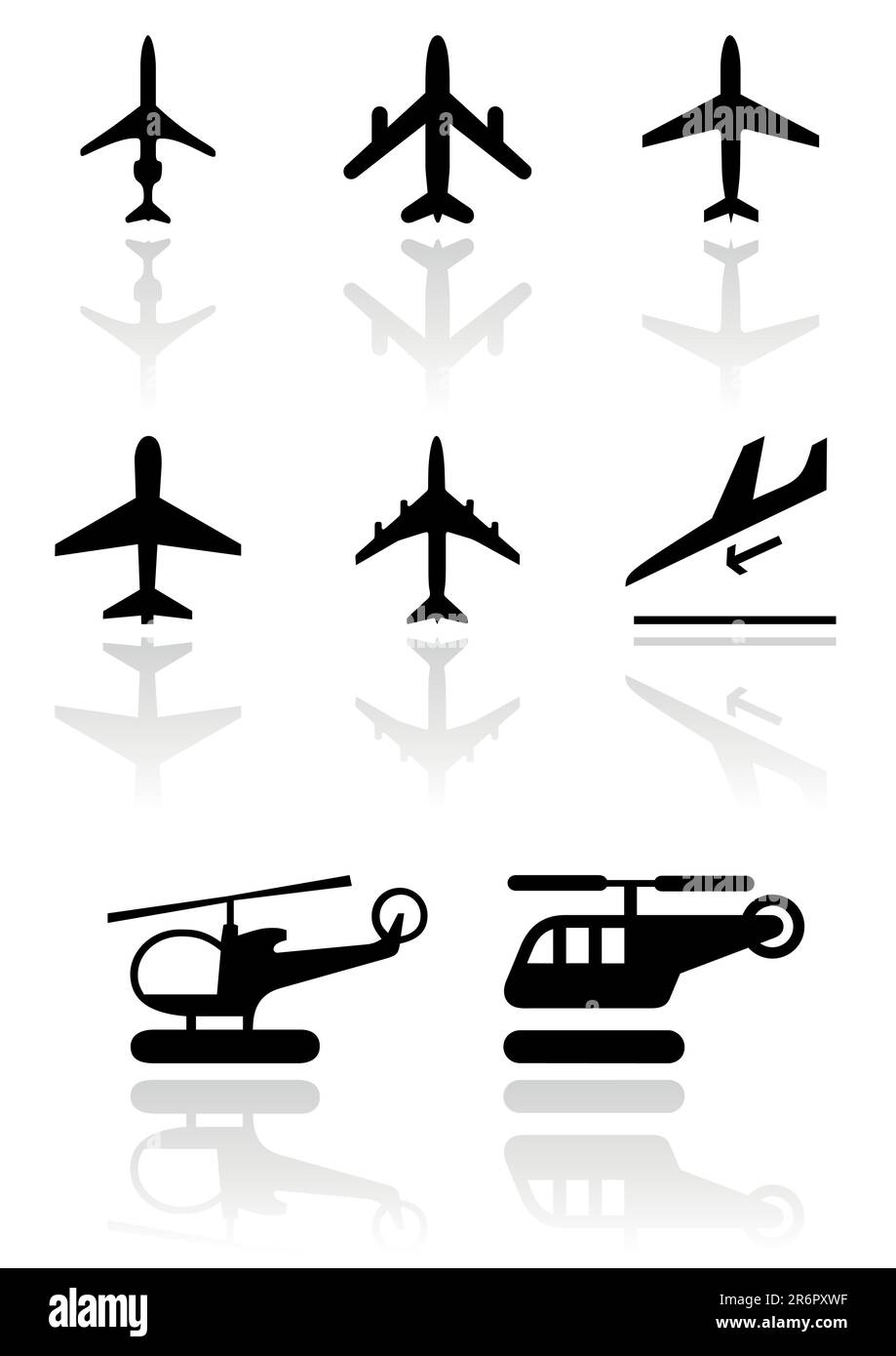 Vektorsatz verschiedener Flugzeug- und Hubschraubersymbole. Alle Vektorobjekte werden isoliert. Farben und transparente Hintergrundfarbe lassen sich leicht anpassen. Stock Vektor