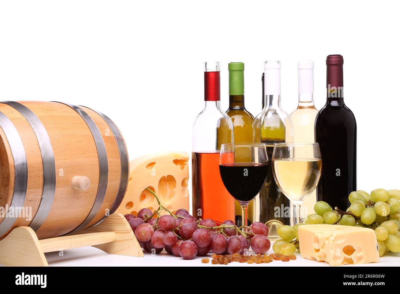 Die Weinzusammensetzung befindet sich auf weißem Hintergrund. Stockfoto