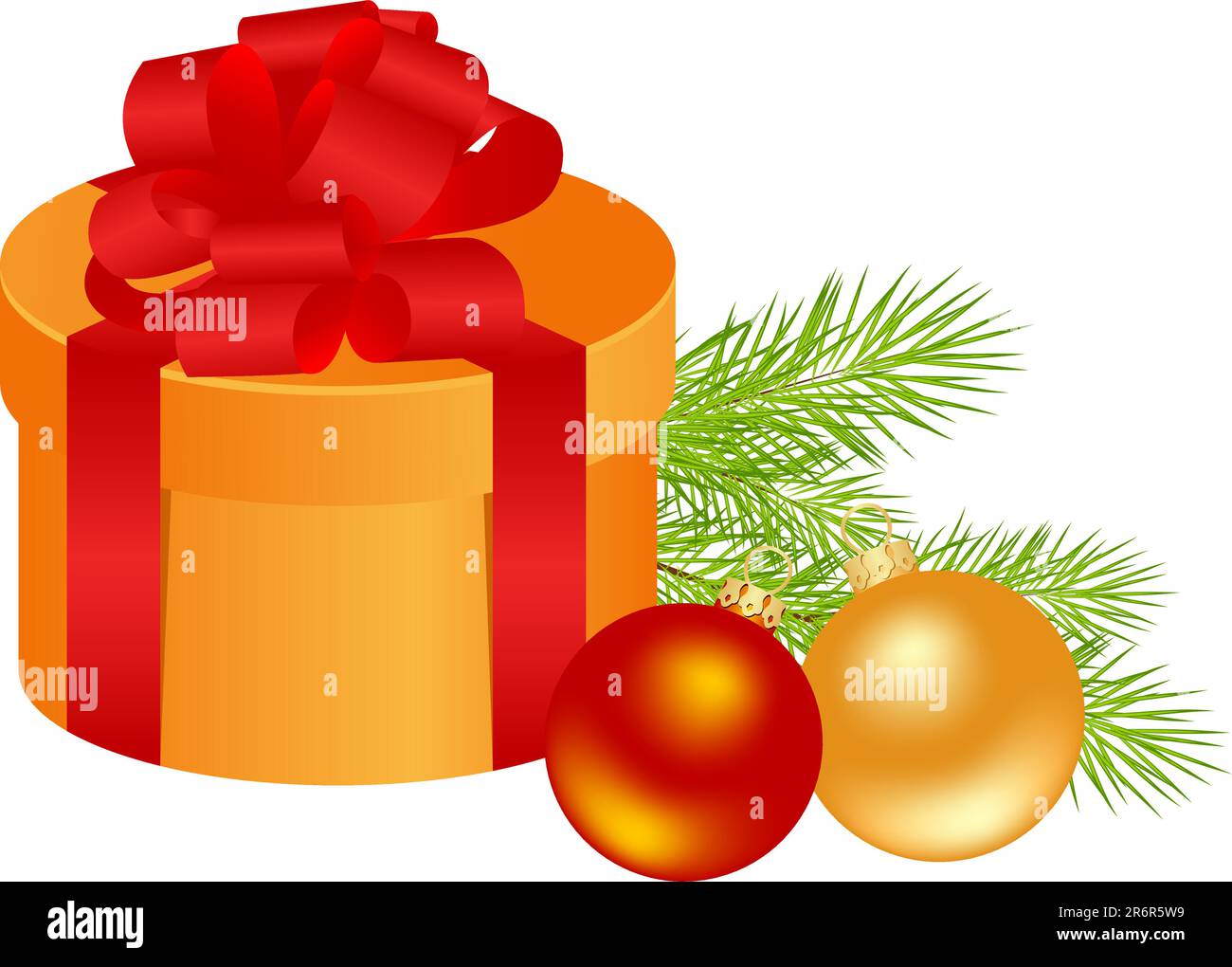 Weihnachtsgeschenkbox mit goldenen und roten Kugeln. Vektordarstellung. Stock Vektor