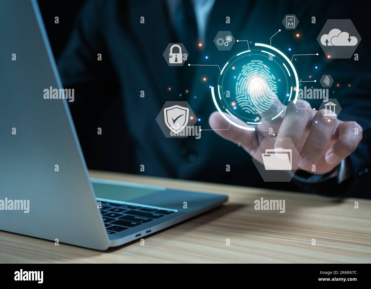 Fingerabdruck-Scanning, biometrische Authentifizierung, Cybersicherheit und Fingerabdruck-Passwort, zukünftige Technologie und Cybernetik. Technologie gegen digitale c Stockfoto