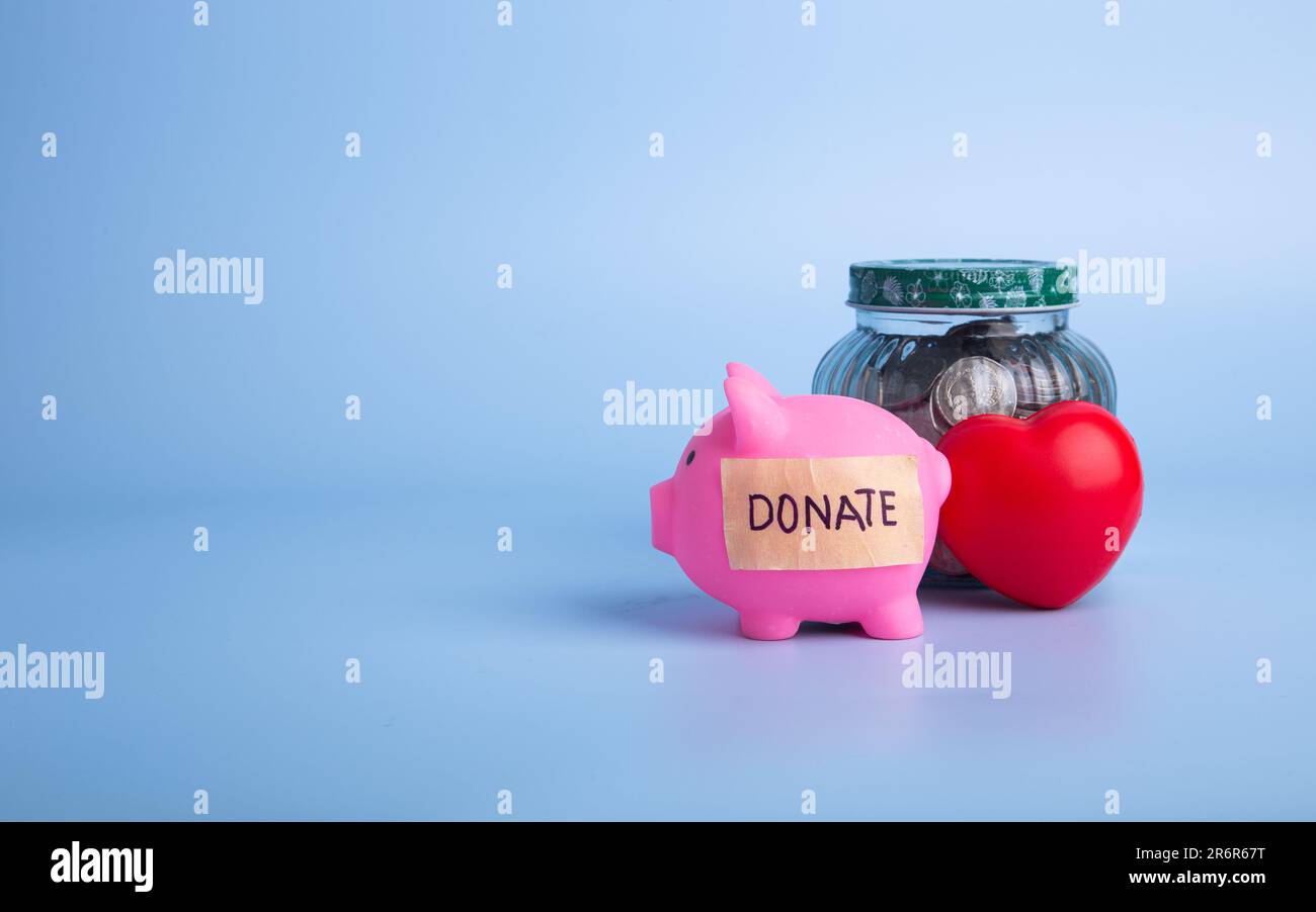 Rosa Sparschwein mit Spendenwort auf blauem Hintergrund. Spende- und Wohltätigkeitskonzept Stockfoto