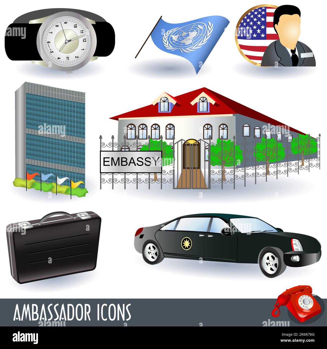 Eine Sammlung von Botschaftersymbolen, neun farbige Illustrationen. Stock Vektor