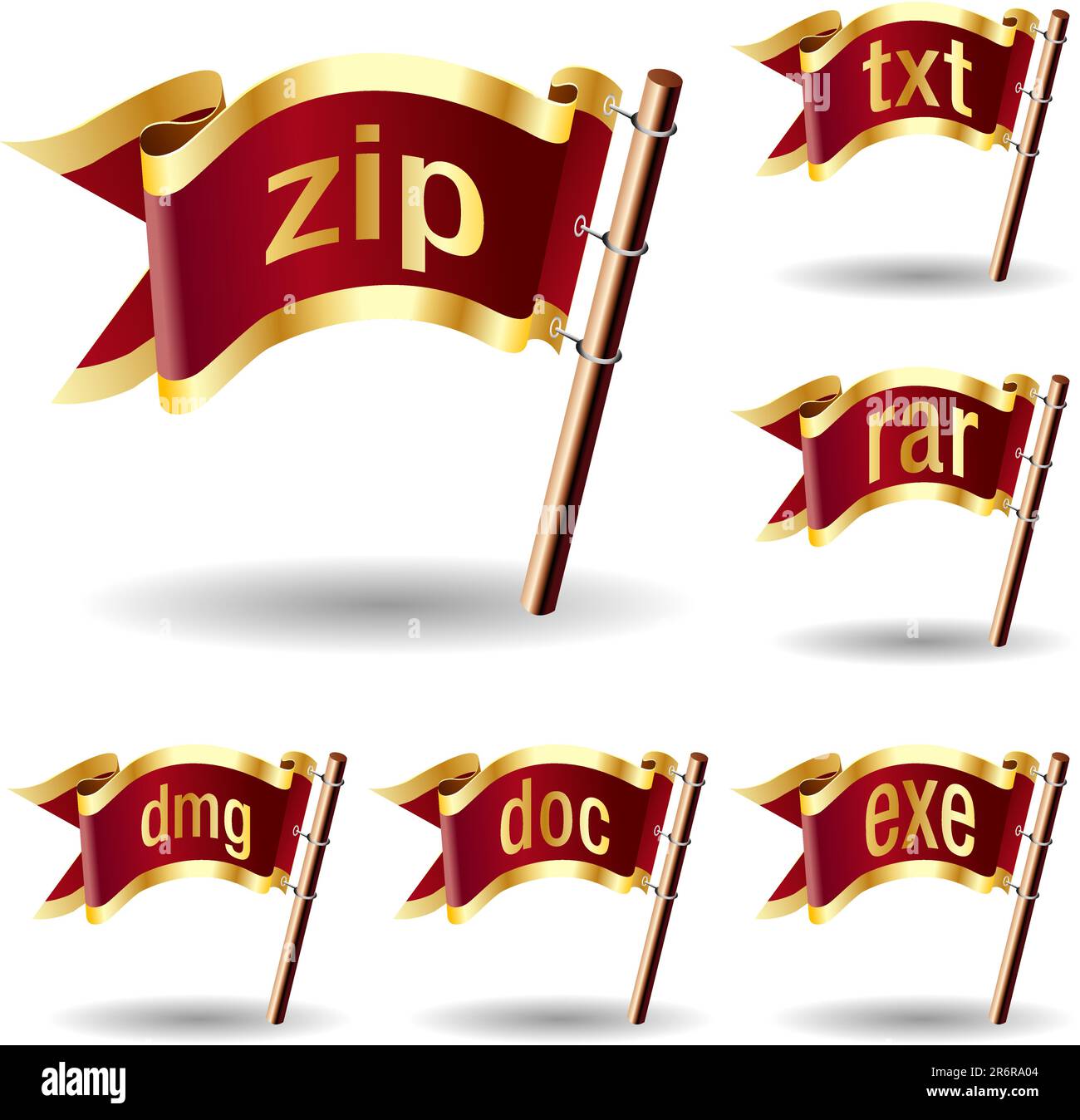 Symbole für Komprimierung oder Archivdateierweiterung auf königlichen Vektorflaggen für Web oder Druck Stock Vektor