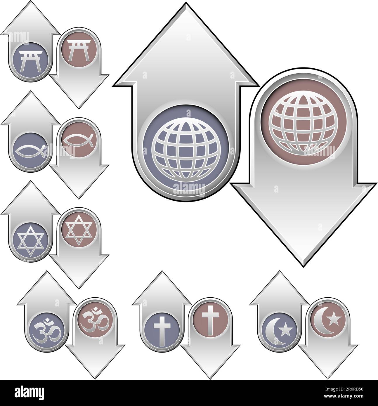 Symbole und Symbole der Weltreligion auf den Pfeilen nach oben und unten, die auf steigende und abnehmende Beliebtheit hinweisen – gut für Printmedien, Web oder Werbung Stock Vektor Symbole und Symbole der Weltreligion auf den Pfeilen nach oben und unten, die auf steigende und abnehmende Beliebtheit hinweisen – gut für Printmedien, Web oder Werbung Stock Vektor