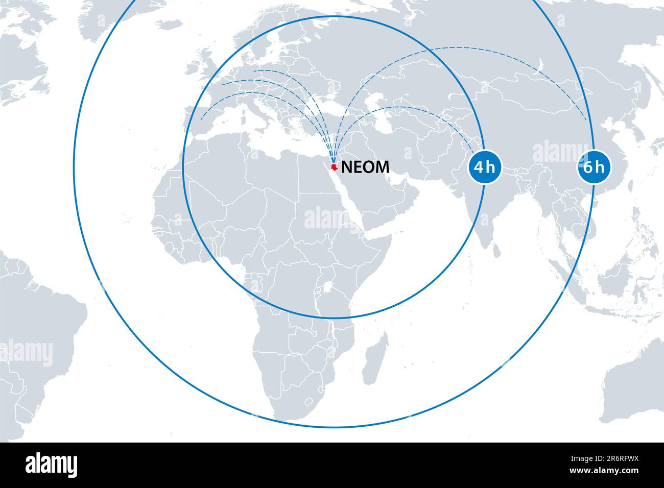 NEOM, Kurzstreckenflüge zu großen Städten, Karte. Es wird behauptet, mit kurzen Flügen von Neom (einer geplanten intelligenten Stadt in Saudi-Arabien). Stockfoto