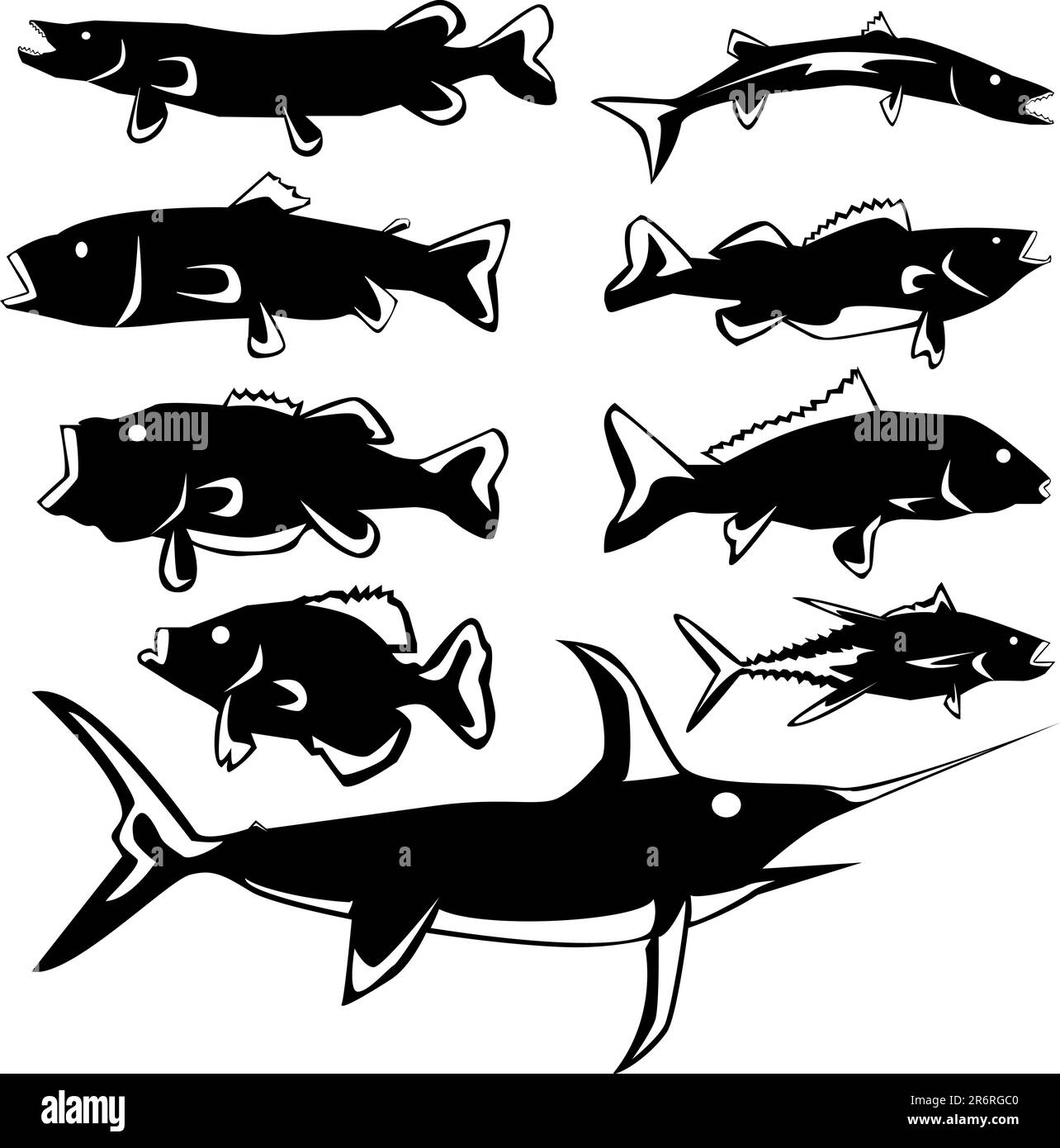 Süßwasser- und Salzwasserfische in Vektorsilhouette mit stilisierter Darstellung Stock Vektor
