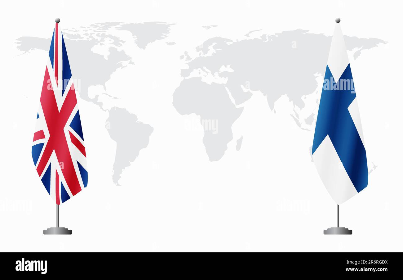 Die Flagge des Vereinigten Königreichs und Finnlands für eine offizielle Tagung vor dem Hintergrund der Weltkarte. Stock Vektor