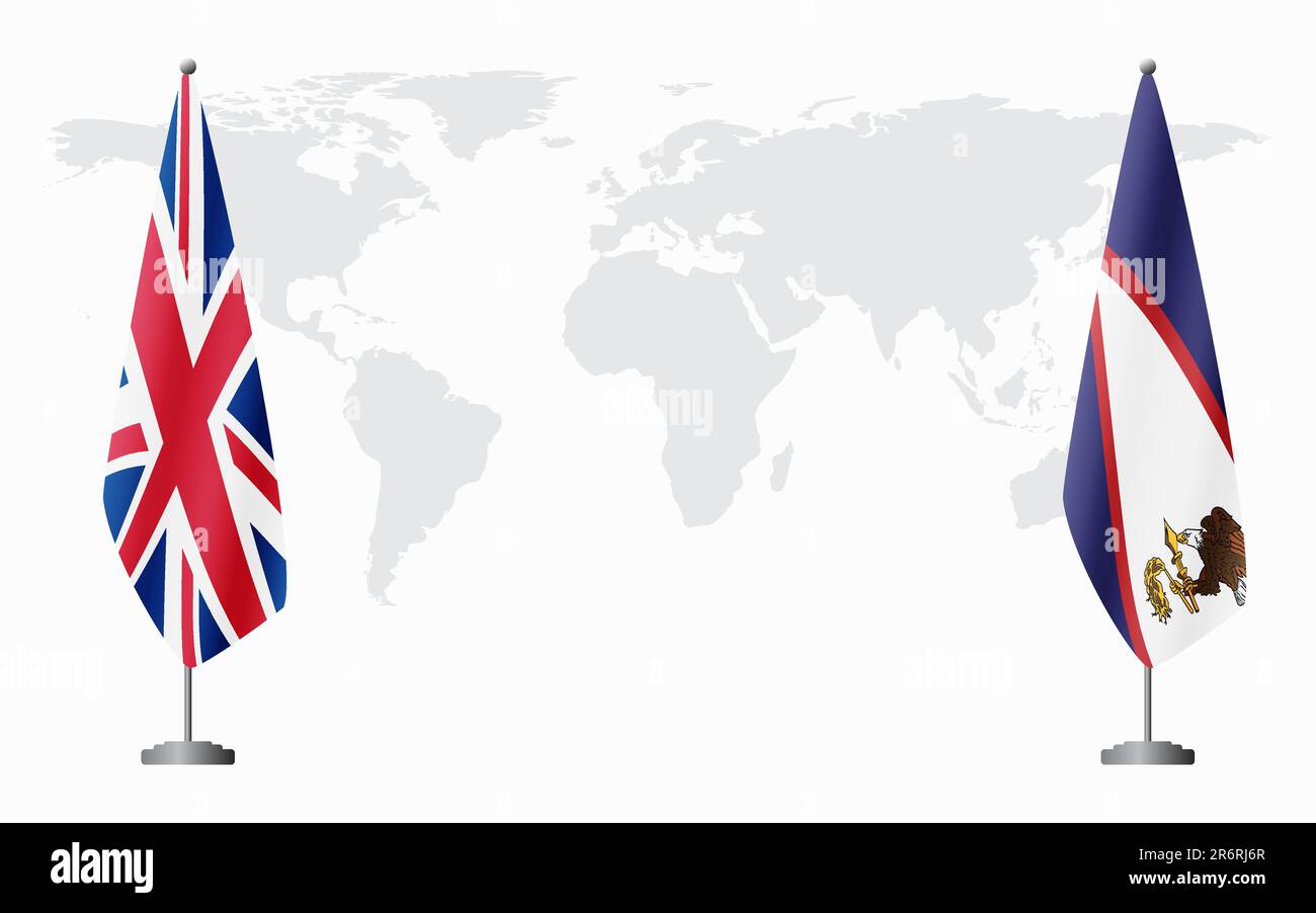 Flaggen des Vereinigten Königreichs und Amerikanisch-Samoas für eine offizielle Tagung vor dem Hintergrund der Weltkarte. Stock Vektor