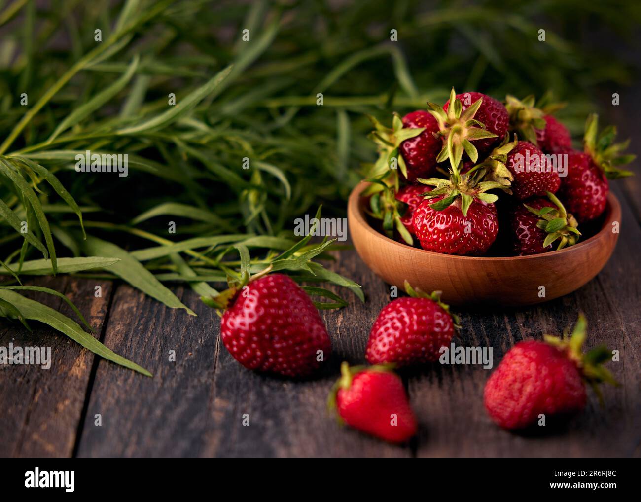 Erdbeeren in einer Holzschüssel auf einem Holztisch mit Estragonblättern im Hintergrund. Stockfoto