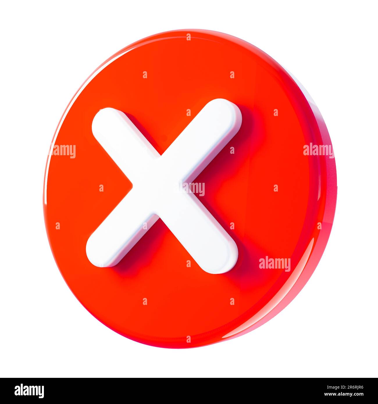 Symbol für rotes Kreuz 3D. Falsches Ablehnungszeichen von abgerundetem Symbol isoliert auf leerem Hintergrund 3D Abbildung Stockfoto